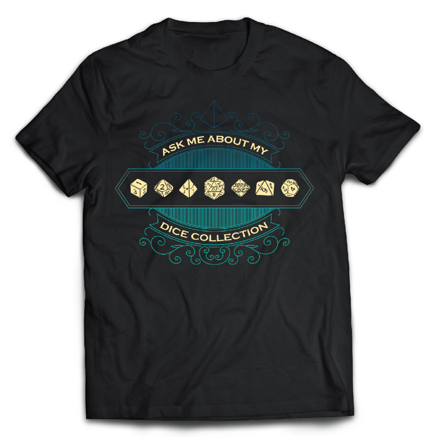 Black D&D T-Shirt with an ornate design, 7 polyhedral dice with the words 