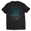 Black D&D T-Shirt featuring a large d20 and small polyhedral dice with font saying"Let the dice decide"