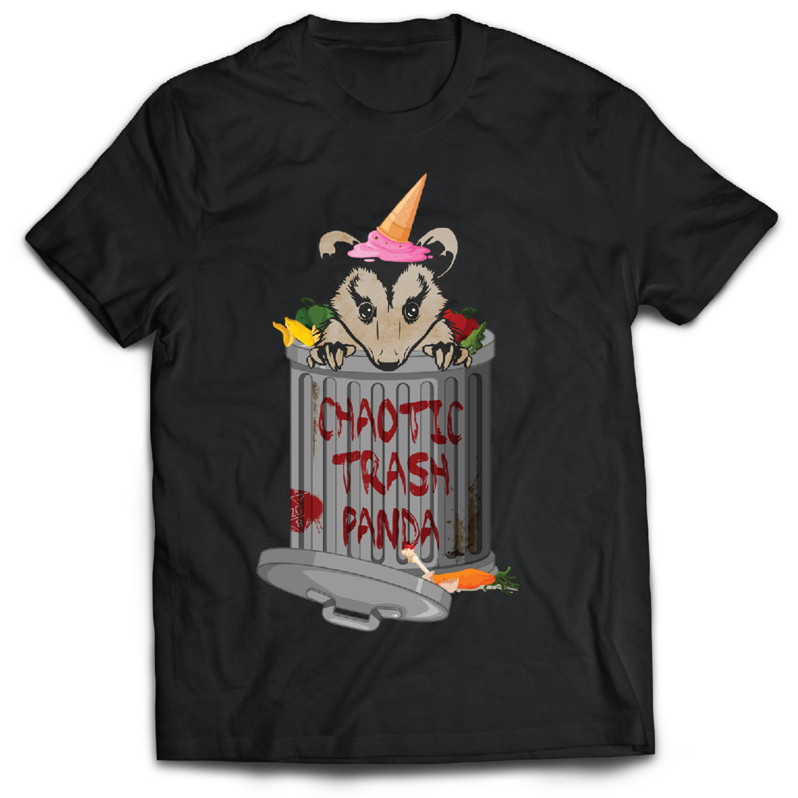Black D&D T-Shirt featuring a racoon in a trash can surrounded by thrown out food with the words 